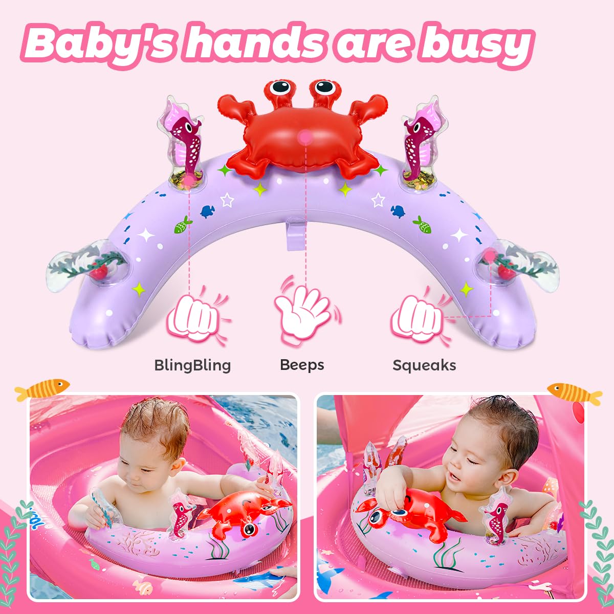 LAYCOL Baby Pool Float with Canopy UPF50+, 120°Adjustable Sun Protection and Anti-Tip Safety Seat, Inflatable Toddler Floaties Infant Pool Float with Animal Pool Toys, Baby Beach Essentials for 6-36M