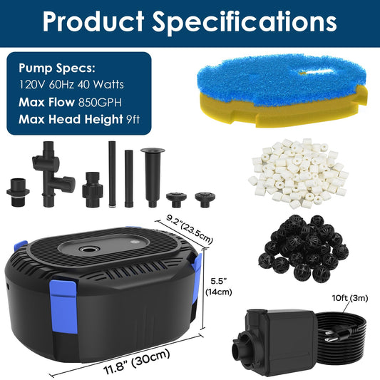 AquaMiracle All-in-One Koi Pond Filters for Outdoor Ponds 500-750 Gal, Pond Fountain Pump with 3 Spray Patterns, Fountain Kit with 850GPH Water Pump for Garden, Water Feature, Bird Baths