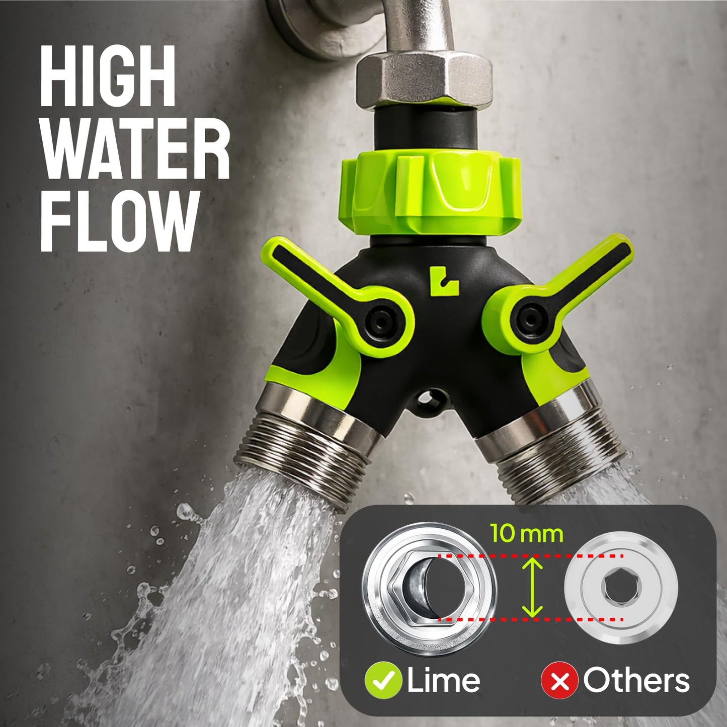 LIME 2 Way Hose Splitter Heavy Duty - Metal Y Garden Hose Splitter with Shutoff Valves, Brass Outdoor Faucet Adapter for Spigot, 3/4 Inch GHT Water Hose Connector