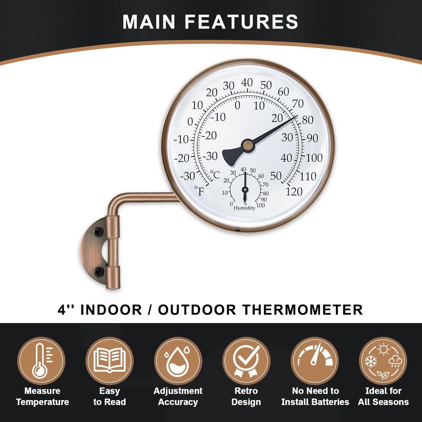 4 Inch Brass Outdoor Thermometer, Outside Decorative Thermometer for Patio, Window, Greenhouse, Garage, Brass Swivel Temperature Gauge with Humidity, Analog Temperature Gauge