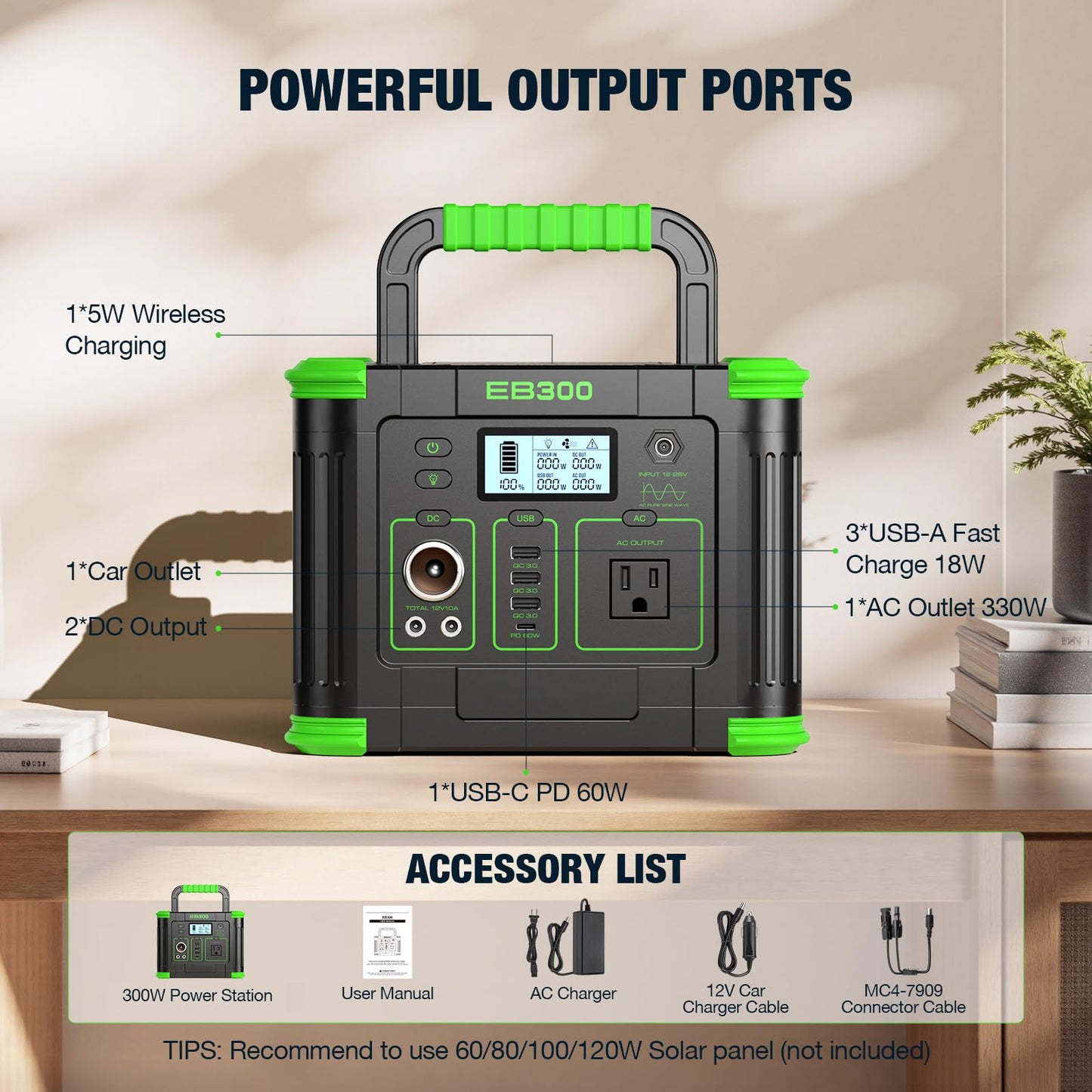 300W Portable Power Station 288.6Wh Solar Generator with 600W Peak, PD 60W USB-C, QC3.0 & 5W Wireless Charger for Camping, Emergency Backup, RV & Home Use