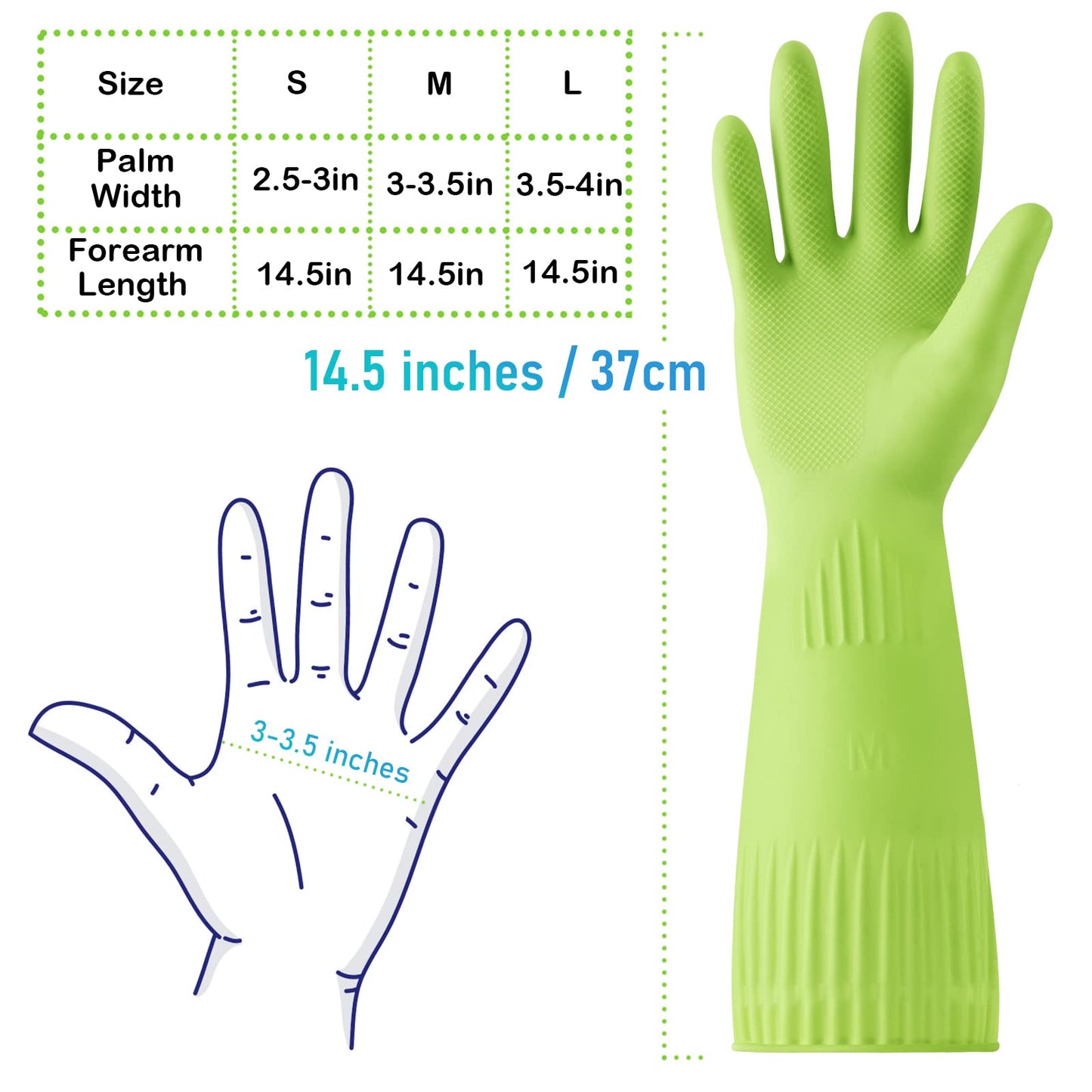 Disfore Rubber-Gloves Dishwashing Gloves for Cleaning-Kitchen - 2 Pairs of Durable and Reusable Kitchen Glove，Long Sleeve Waterproof Household Cleaning Gloves for Washing Dishes (Medium Green)
