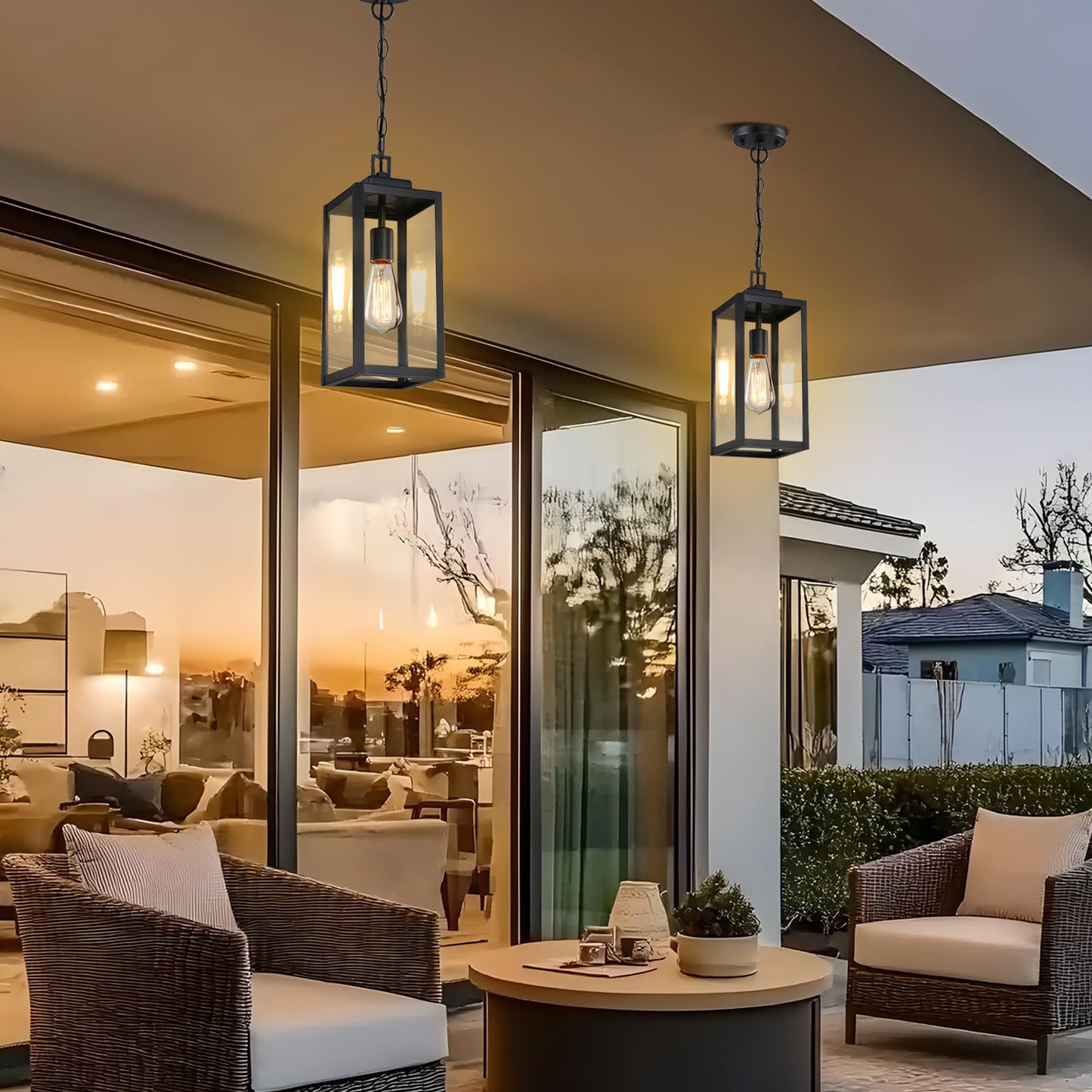 15'' Outdoor Pendant Light, Modern Outside Chandelier Outdoor Hanging Lantern Light, Matte Black with Clear Glass, Exterior Pendant Lighting Fixture Ceiling Mount for Porch, Entryway, Gazebo, 1Pack