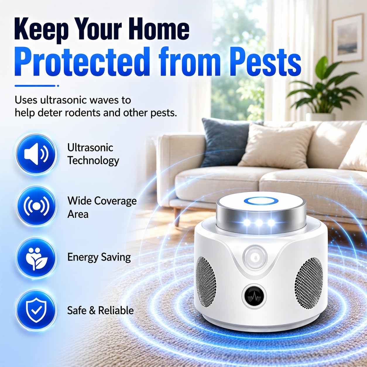 Ultrasonic Repeller Pest Control Indoor Device,Electronic Mouse Repellent Indoor & Rodent Repeller for Mice Rats Roaches Spiders,Ultrasonic Rodent Control for Home Attic Kitchen Garage Basement-White