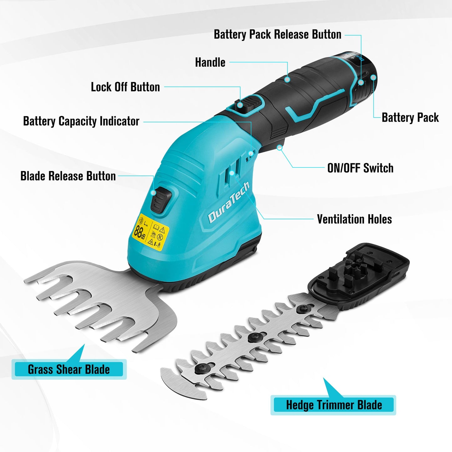DURATECH Cordless Hedge Trimmer, 12V 2-in-1 Handheld Grass Trimmer & Hedge Shears Included 2.0Ah Li-Ion Battery, Charger & Storage Bag, Electric Grass Shear & Shrubbery Trimmer for Garden Yard Lawn