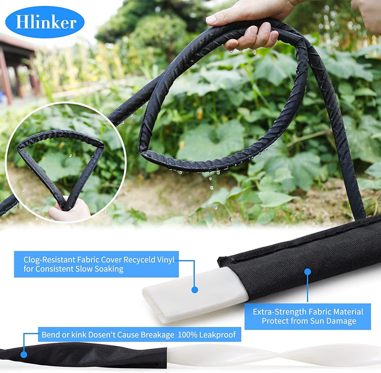 Hlinker 2026 Flat Soaker Hose 200 ft (50ft 4Packs) with Stake for Garden, Linkable Drip Hose Diy Automates Garden Irrigation System Saving 90% Water, Dual-layer Leak-free Design Water Hose with Holes