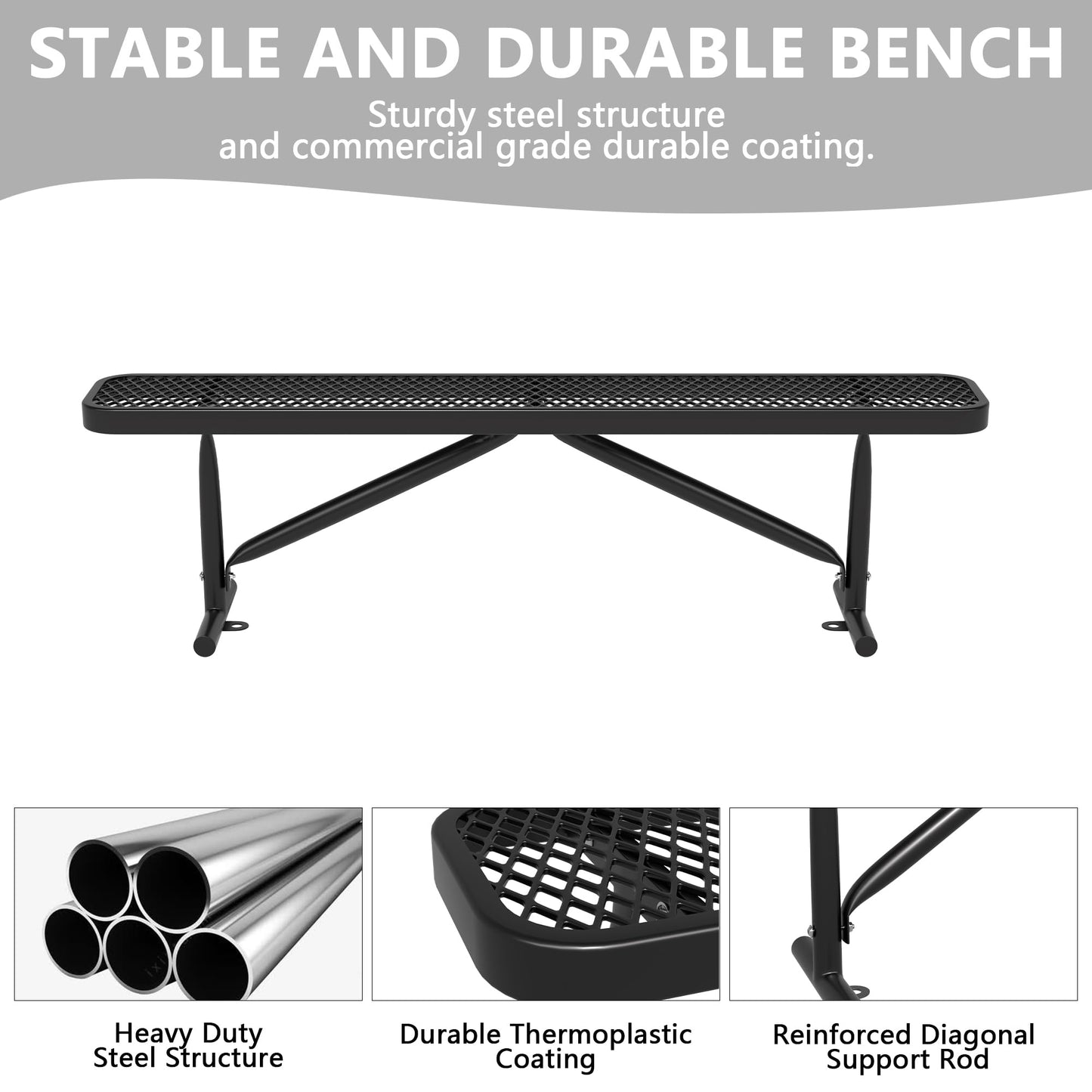 Sunnibety 6 Feet Heavy Duty Metal Park Bench for Outside, Outdoor Bench with Portable Frame, Commercial Benches for Shopping Mall, Store, Park, Patio, Deck, Black