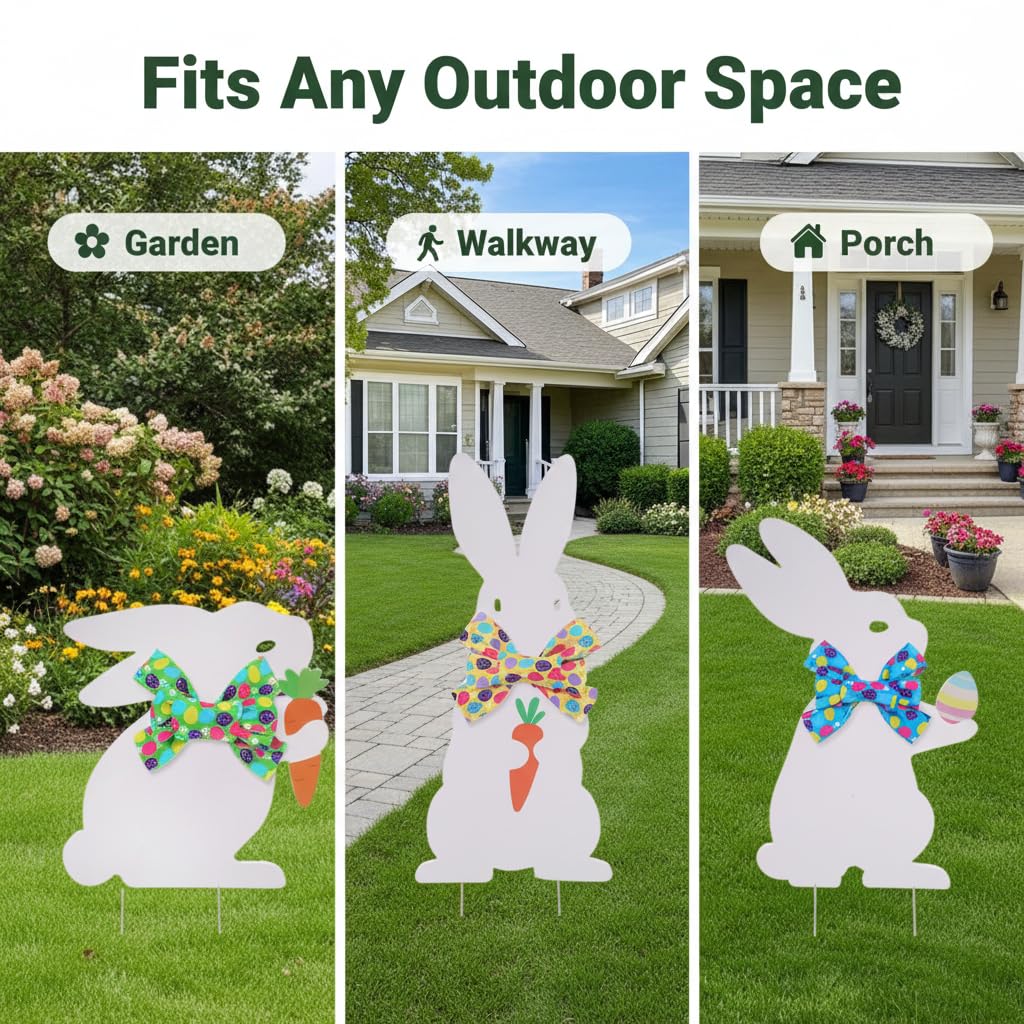 3PCS Easter Outdoor Decoration Bunny Yard Signs with Metal Stakes Waterproof Spring Welcome Sign for Party, Lawn, Garden Home Decor