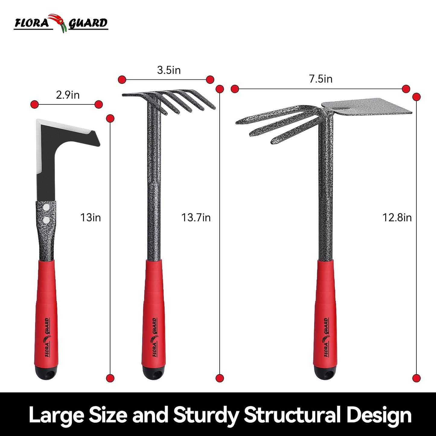 FLORA GUARD 6-Piece Garden Tool Set, Heavy Duty Gardening Hand Tools,Includes Trowel, Rake, 2-in-1 Hoe & Crack Weeder, Durable Yard Gardening Tools, Ideal Gardening Gift for Men & Women
