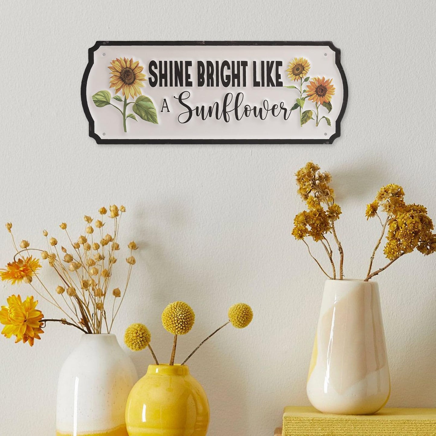 pechpell Metal Sunflower Wall Decor, 15.7"×5.9" Outdoor Sun flower Sign Fence Yard Patio Porch Garden Wall Art, Kitchen Bathroom Bedroom Decorations for Home