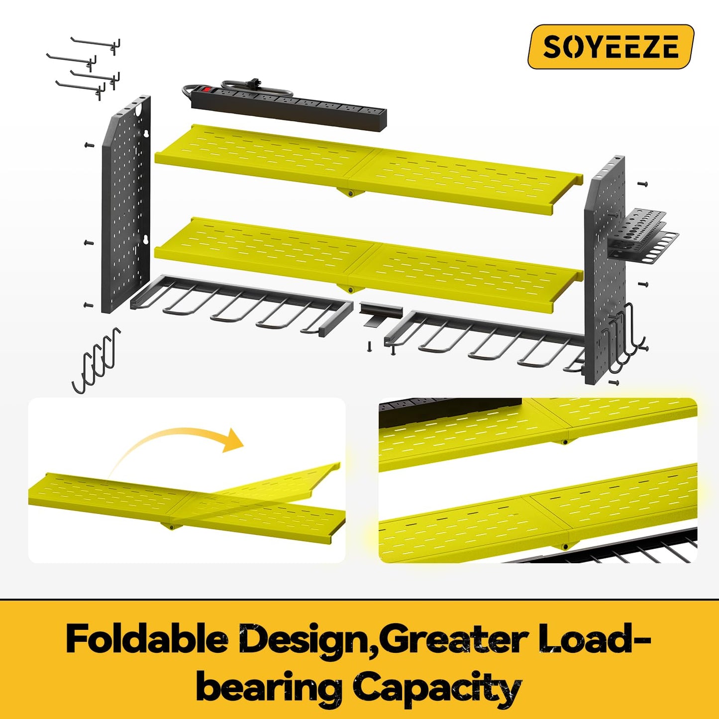 SOYEEZE Large Power Tool Organizer Wall Mount with Charging Station, 3 Layer Heavy Duty Metal Tool Storage Rack with 8 Drill Holder, Tool Holder Built in 8 Outlet Power Strip (Green)