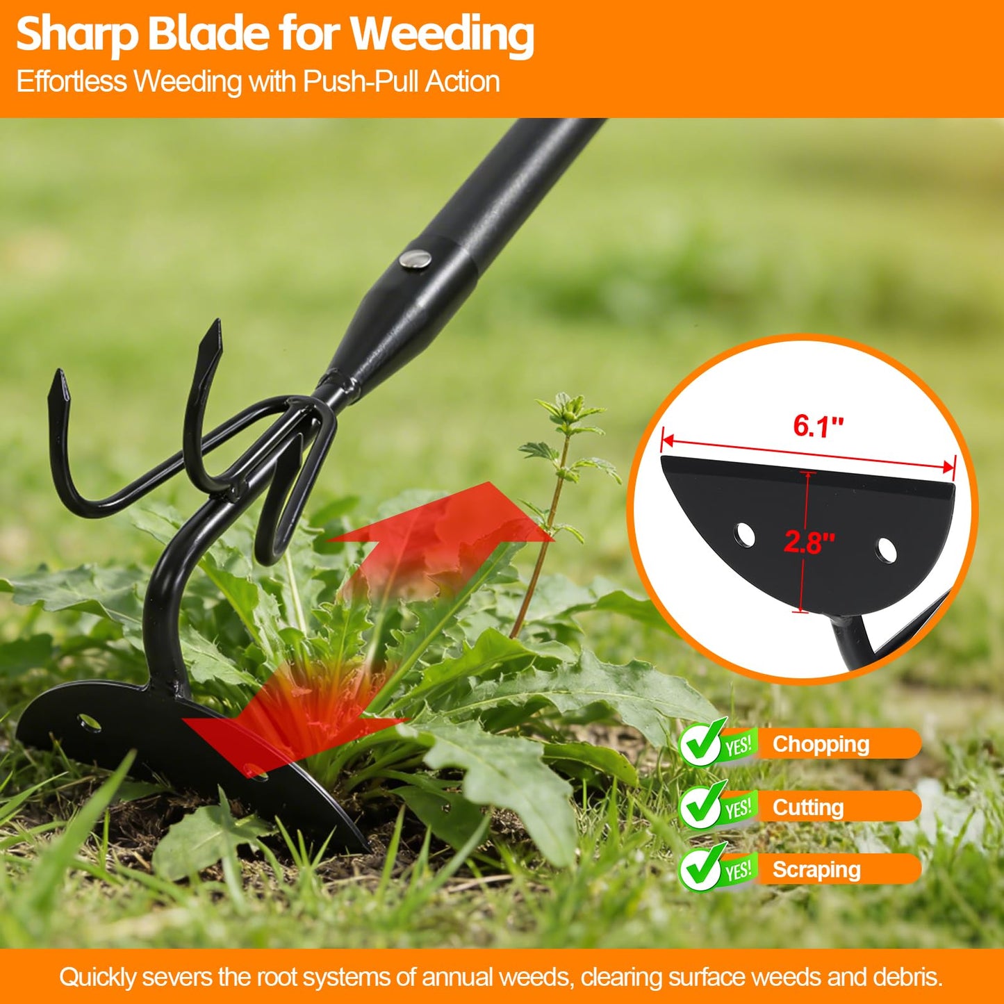 EUIJOIP 52" Heavy Duty 2-in-1 Hoe & Tiller Rake Garden Tool, 3-Tine Cultivator for Weeding and Soil Loosening, Long Handle Stand Up Digging Tool for Gardening and Planting