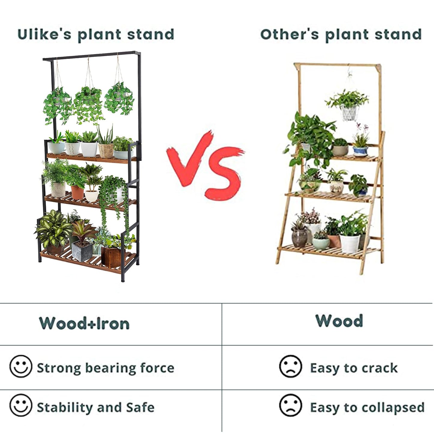 ULIKE Plant Stand Outdoor Indoor Hanging Plant Shelf for Multiple Plants 3 Tier Tall Plant Stand Wood Rack with Metal Frame for Patio Garden Balcony