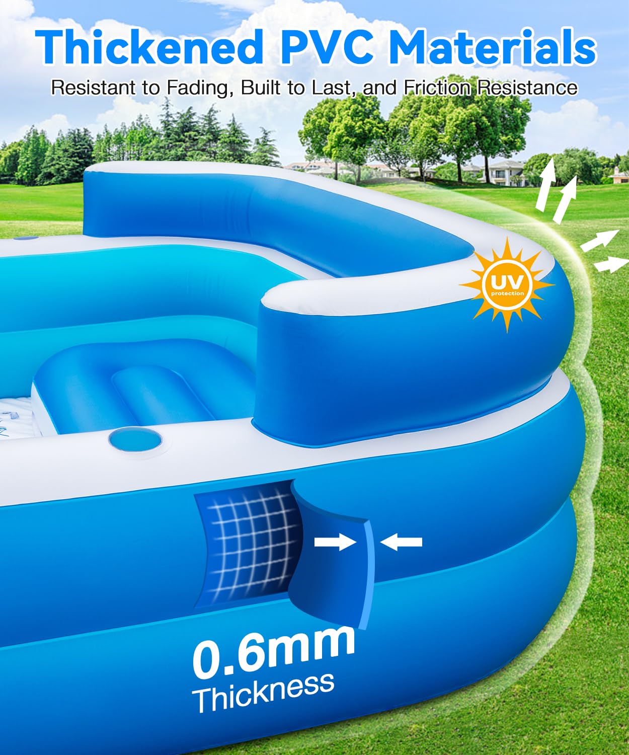 Large Inflatable Swimming Pool - 120" x 85" x 26" Blow Up Pool for Adults and Kids with Seat & Air Pump, for Backyard Lawn Indoor Outdoor Use