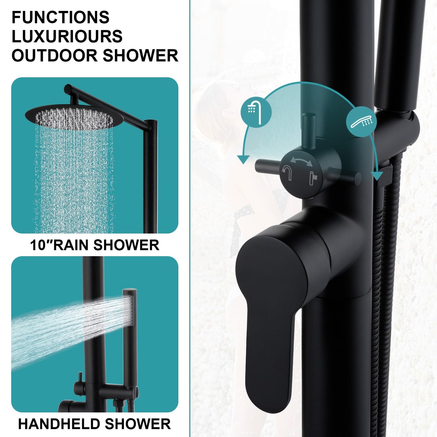 Freestanding Outdoor Shower, Outdoor Shower Kit for Pool Garden/Backyard/Beach Courtyard, Outside Shower Column with 10” Rain Shower Head and Handheld, Matte Black