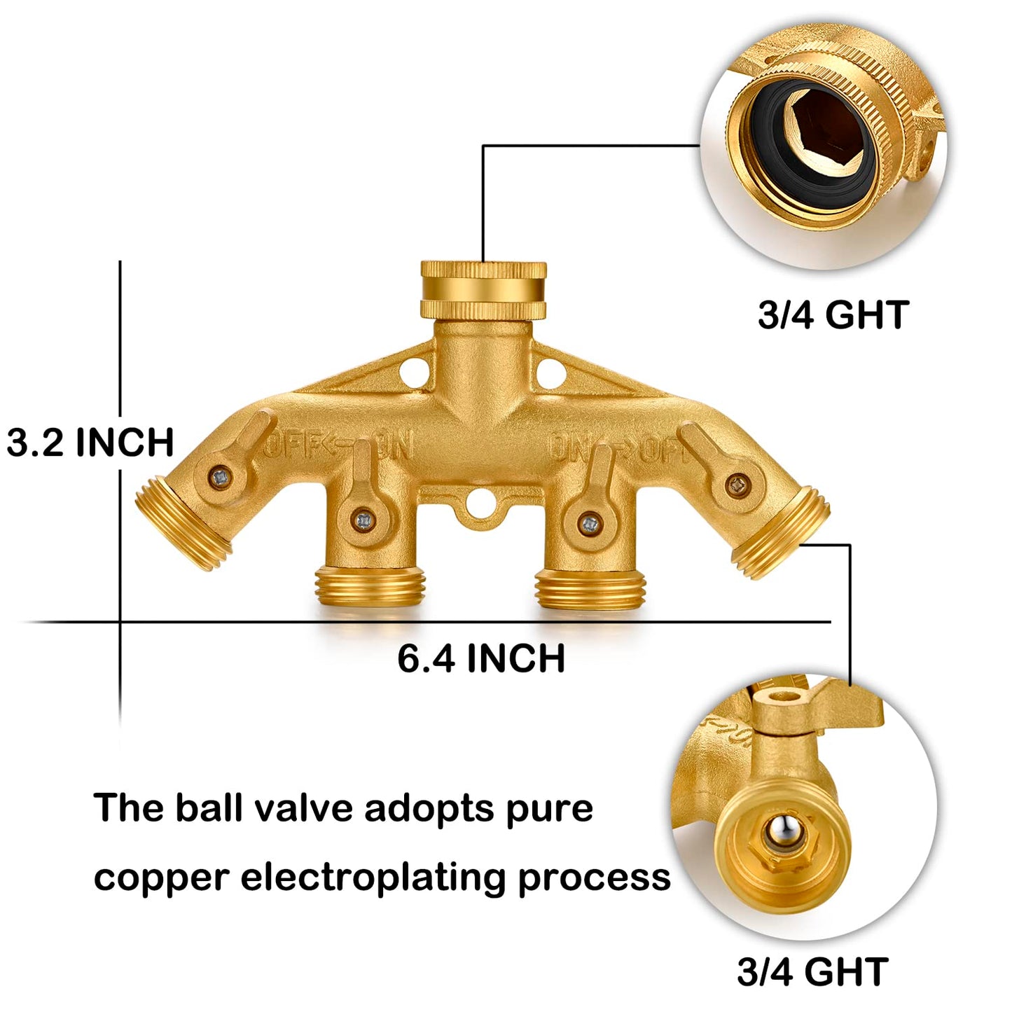 YELUN Garden Hose Splitter Heavy Duty Brass Connector, Garden Faucet Splitter for Outdoor Faucet Hose Bib Splitter, Adapter with Comfortable Grip Shut Off Valves (4 Way splitter)