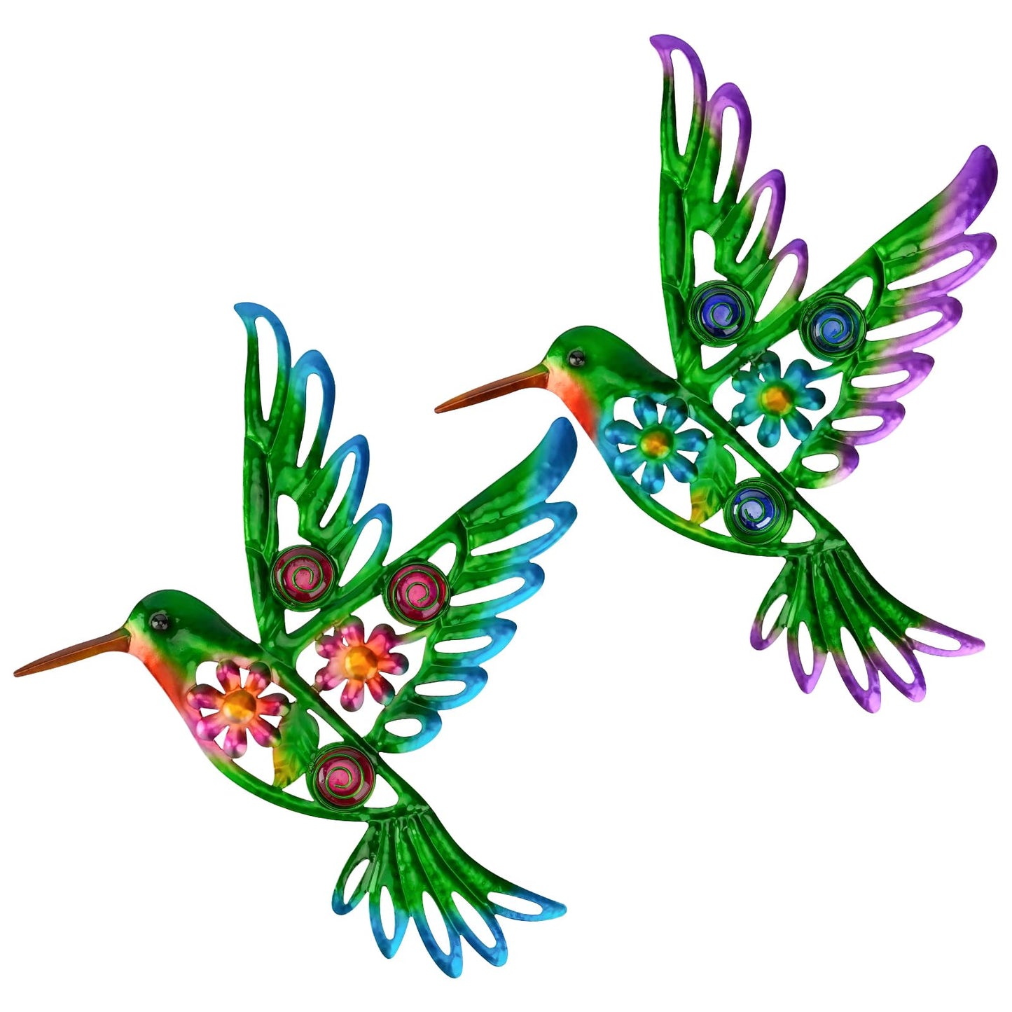 YIWEMON 2 Pack Metal/Glass Hummingbird Wall Decor, 12.4" Outdoor Fence Wall Art Decor, Wall Sculpture Hanging Decoration Perfect for Garden Yard Living Room Bedroom Patio Balcony