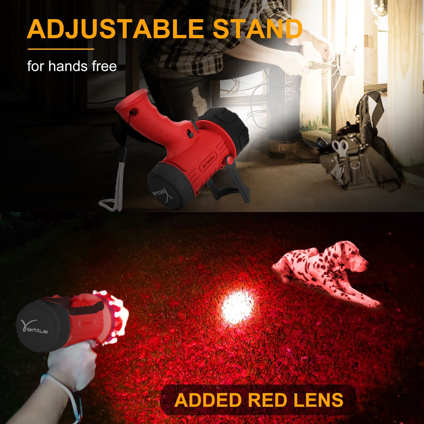 YIERBLUE Rechargeable Spotlight Flashlight with 2000,000 High Lumen LED, IP67 Waterproof Long Running Spot Light searchlight, Impact Resistant Handheld Spotlight with Foldable Stand and Red Lens