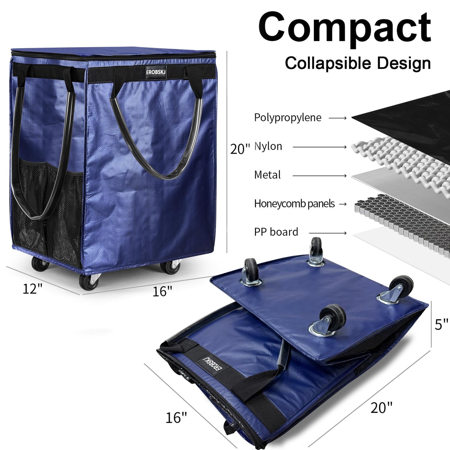 (Medium, Navy) Reusable Grocery Bag on Wheels, 70L Foldable Rolling Tote, Carries Up to 66 lbs Shopping Trolley, Zipper Clouser Shopping Carts for Trips, Laundry, 4 Heavy Duty Wheels and 3 Handles