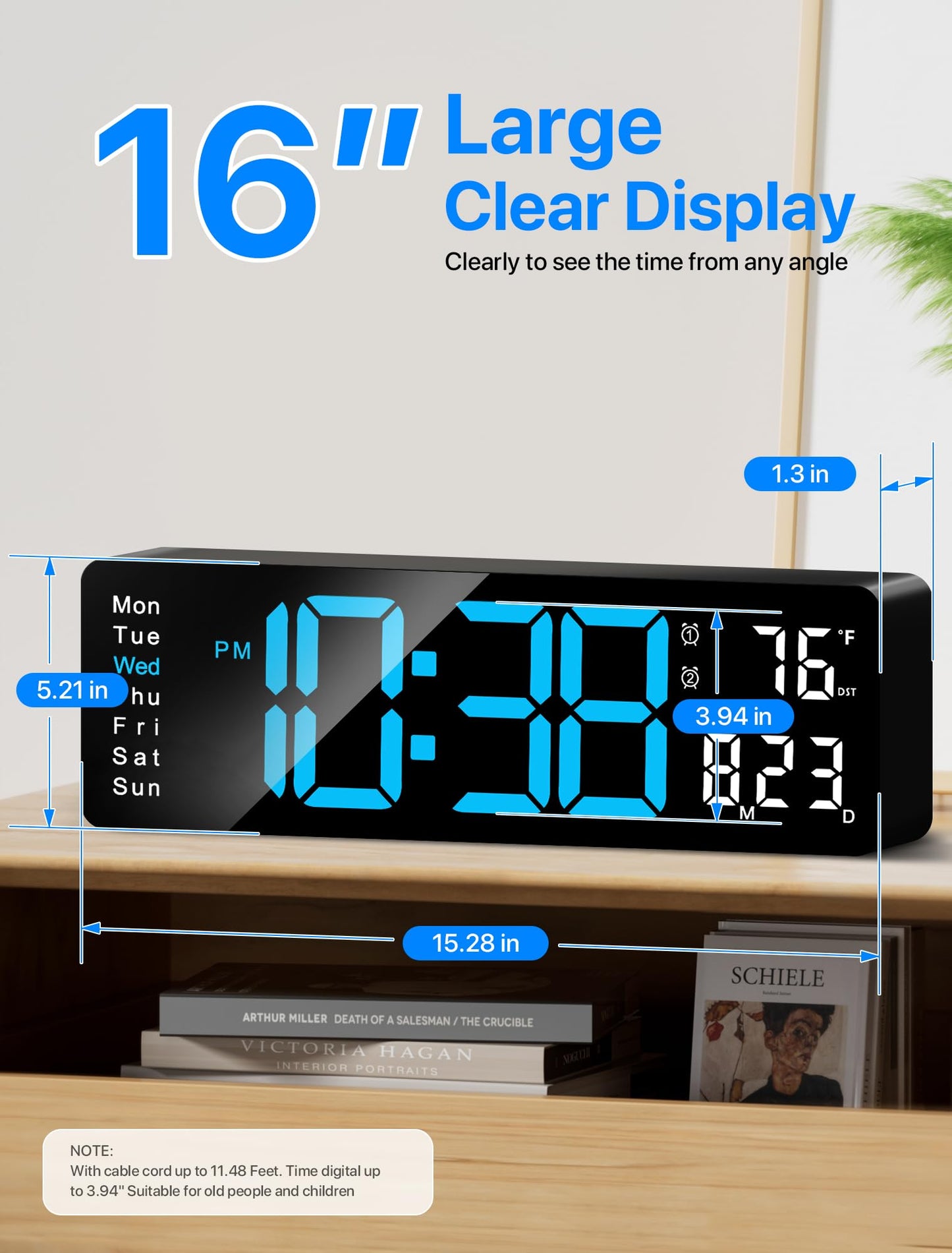 MASHI Digital Wall Clock, 16" Large Display Digital Clock with Remote Control, Auto-Dimming Wall Clock with Night Light, DST, Date Week,Temp for Living Room, Bedroom, Decor, for Elderly