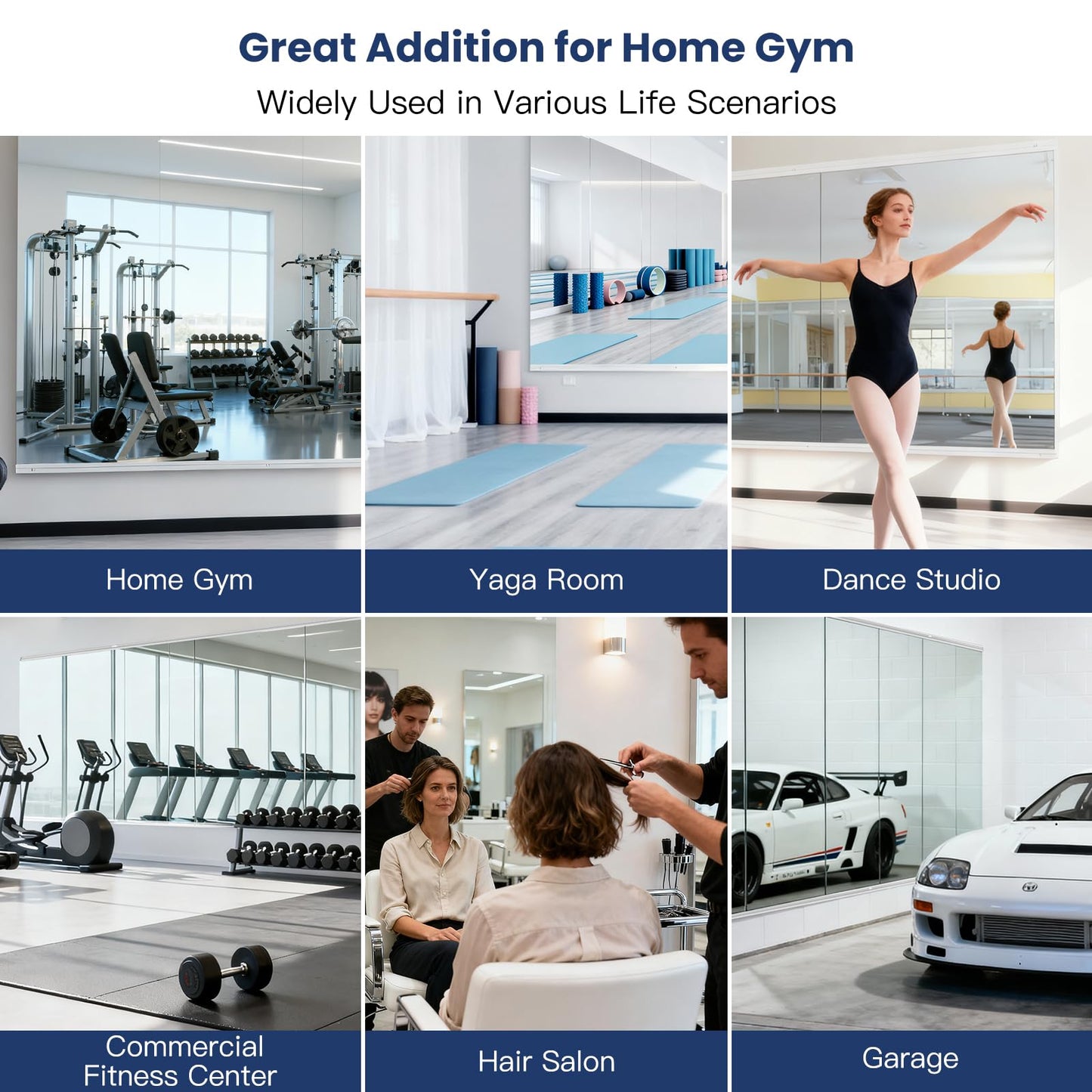 Amorho Gym Mirror, 56''x48''(3pcs 56''x16''), Frameless Full Body Mirror for Home Gym Wall, Tempered Glass, Yoga Studios, Dance Rooms, Garage Gyms.