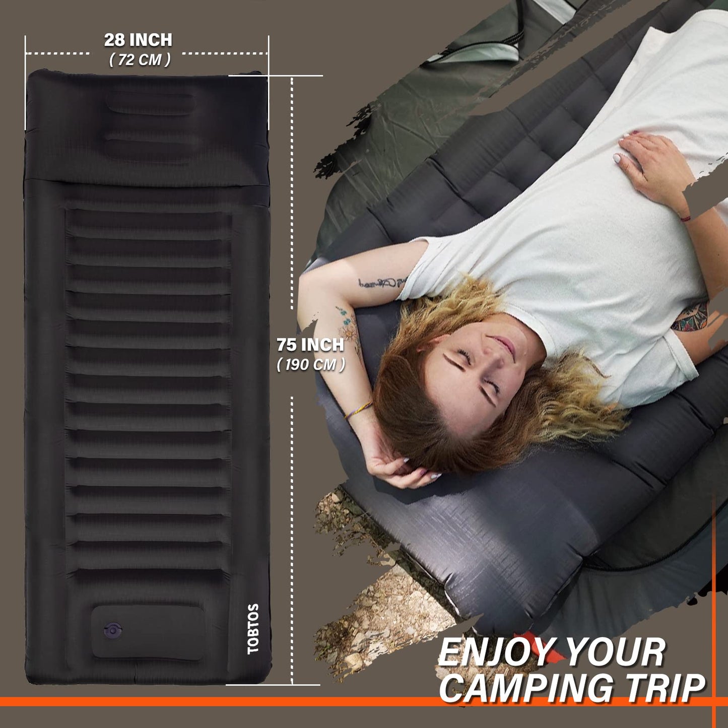 TOBTOS Inflatable Camping Sleeping Pad with Pillow, Thick 6 Inch Ultralight Sleeping Pad with Built-in Pump, Lightweight Sleeping Mat for Camping, Backpacking, Hiking, Tent (Grey)