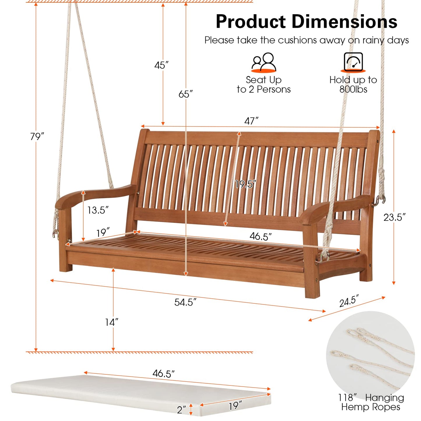 Tangkula 2 Person Hanging Porch Swing, Outdoor Bench Swing with Hanging Ropes, High Back, Cozy Armrests, Heavy Duty 800Lbs Wooden Hanging Swing Chair with Cushion for Backyard, Deck, Garden Natural