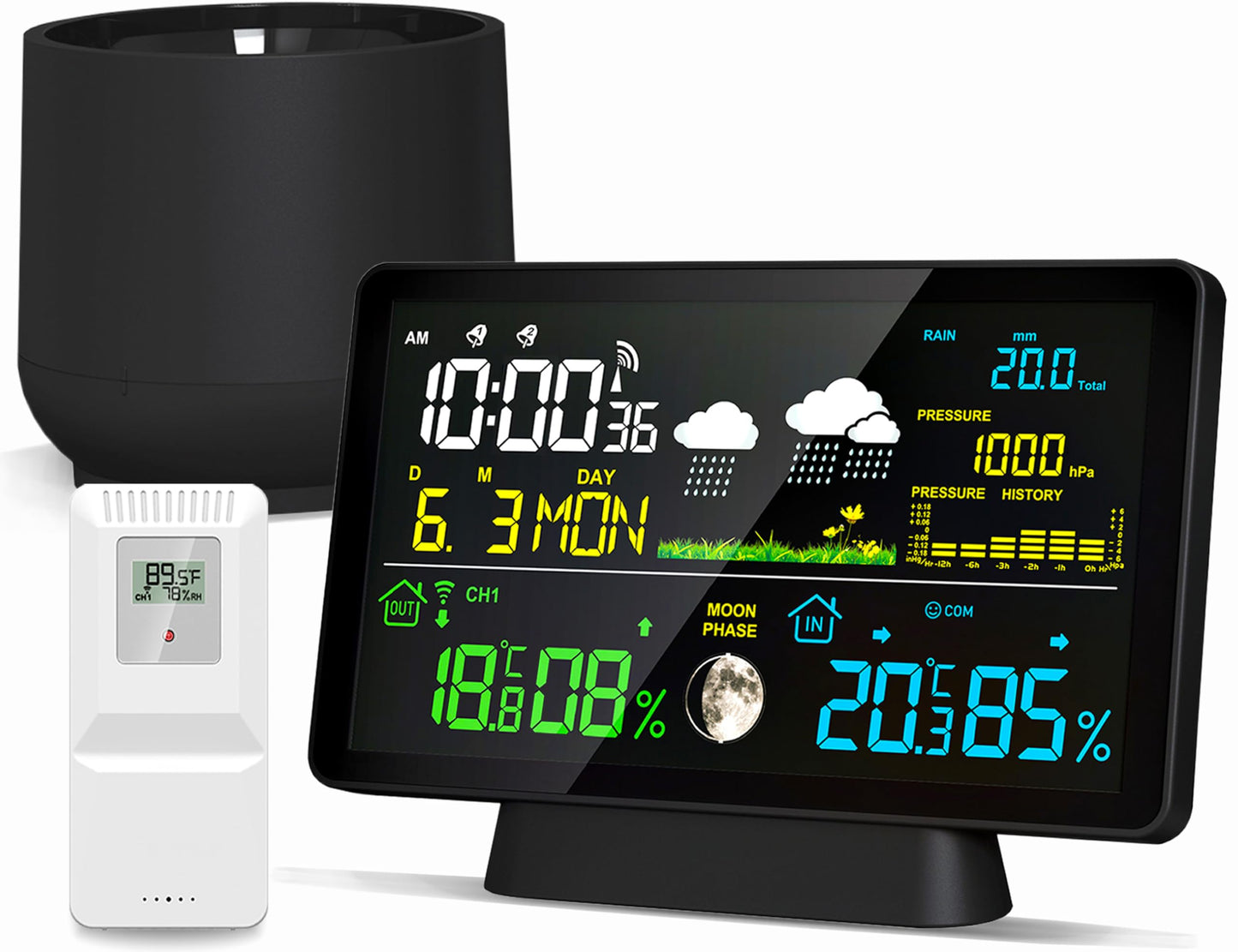 Wireless Rain Gauge and Weather Station, Digital Rain Gauge Outdoor Home Weather Stations with Thermometer, Hygrometer, Atomic Clock, Forecast and Barometer, Weather Station with Rain Gauges