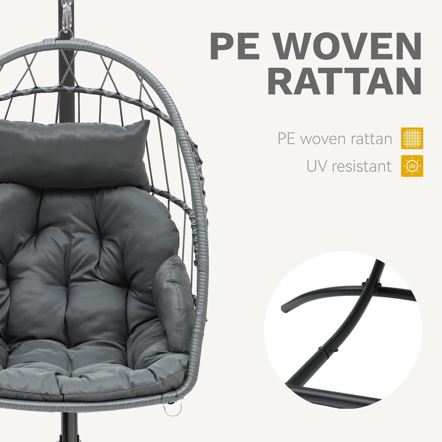 DWVO Egg Chair with Stand, Hanging Outdoor Rattan Wicker Patio Hammock Indoor Egg Chair with Cushion, Hanging Swing Chair 300lbs for Porch, Garden, Bedroom, Balcony, Gray