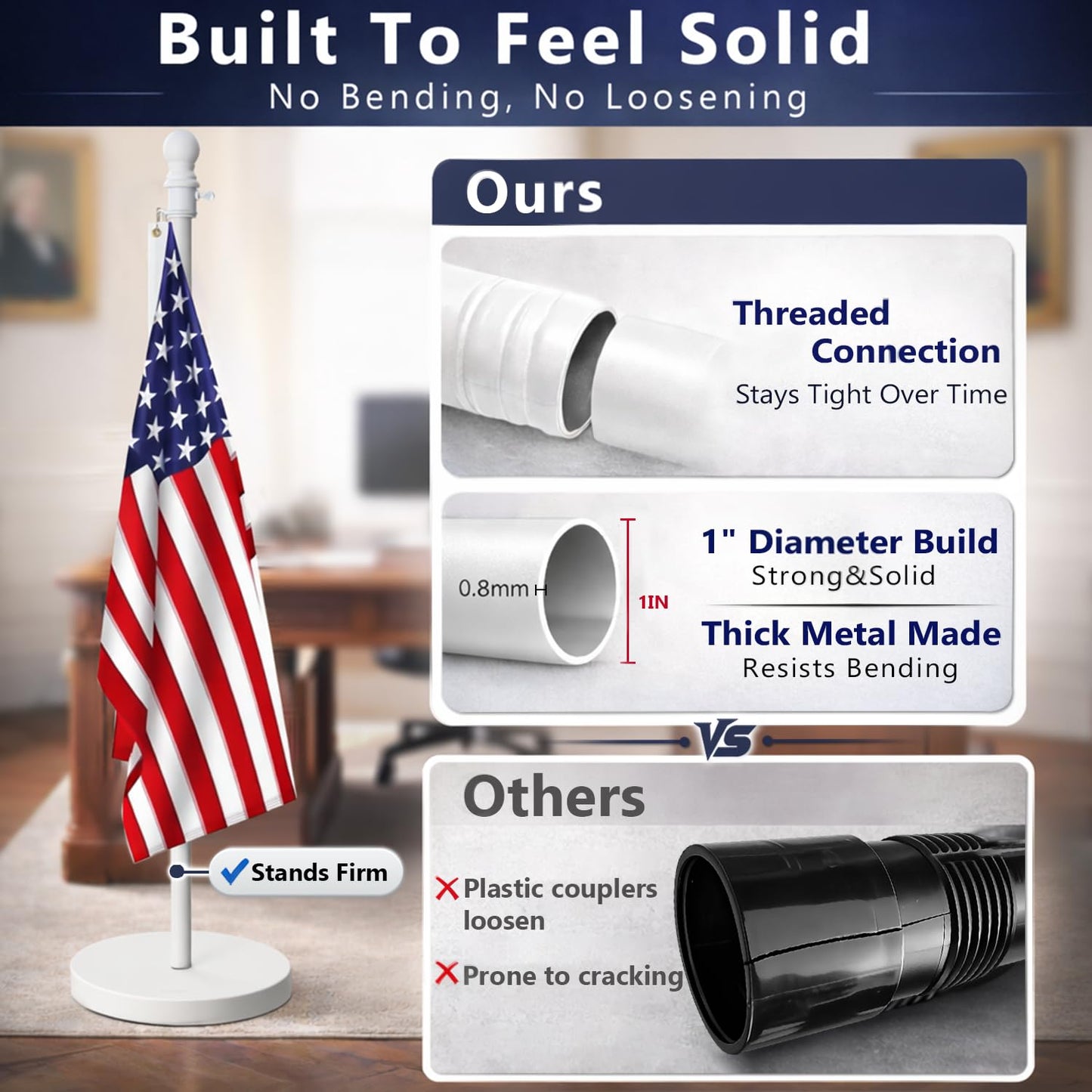Flag Stand Indoor - 1" Heavy Duty Metal Flag Pole Set with Base,6-8ft Adjustable,Portable & Free Standing For Office,Meeting Room,Classroom,Entry Area,Outdoor Porch Deck (White)
