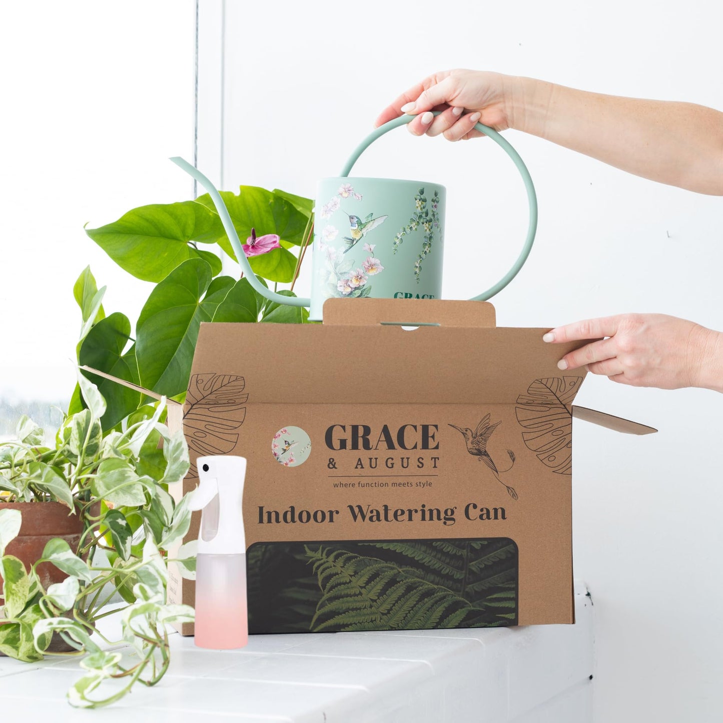 Watering Can for Indoor House Plants & Spray Water Mist Bottle - Cute Decorative Metal Gardening Small Water Can for Houseplants & Flowers with Long Spout - 1.5L 51floz 0.4 Gallon (Hummingbird Sage)