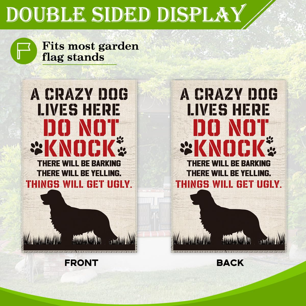Hafhue A Crazy Dogs Live Here Do Not Knock They Will Bark Welcome Garden Flag, Yard Outdoor Farmhouse Home Decorations 12x18 In Waterproof Double Sided Printing, Funny Yard Flag Gift for Dog Lover