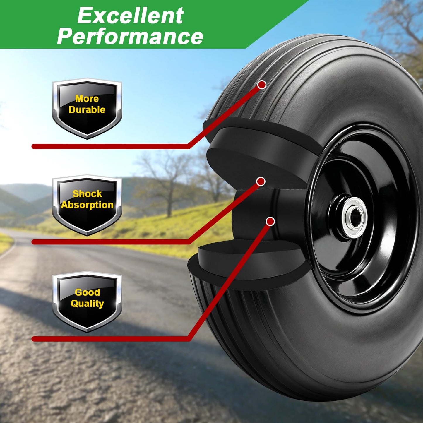 LTNICER 4.00-6 Flat-free Solid Tire and Wheel, 13" Wheelbarrow Wheels and Tires with 5/8" or 3/4" Bearings, 1.75" Centered Hub for Wheelbarrow/Wagon/Trolley/Garden Scooter Cart(2 PCS)