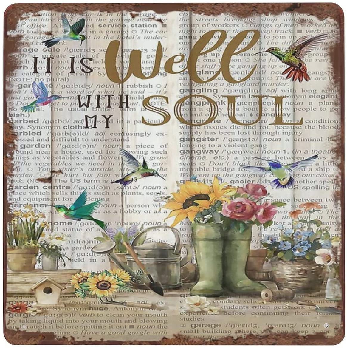 Retro Gardening Well with My Soul Hummingbird Metal Tin Sign Decoration for Garage Yard Home Outdoor 12x12 Inch