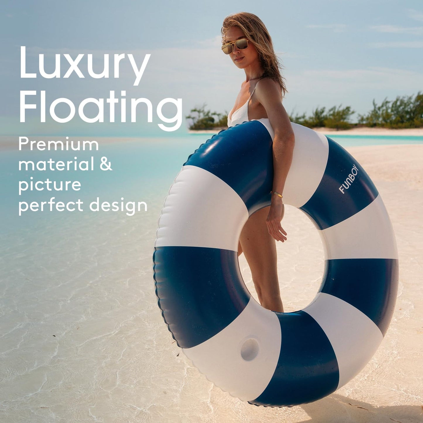 FUNBOY Giant Vintage Navy Blue Stripe Inflatable Tube Pool Float with Cup Holder 48" Large Pool Float for Adults Inner Tube Swimming Pool Toys Swim Rings Pool Lounger Float for Pool Party & Summer