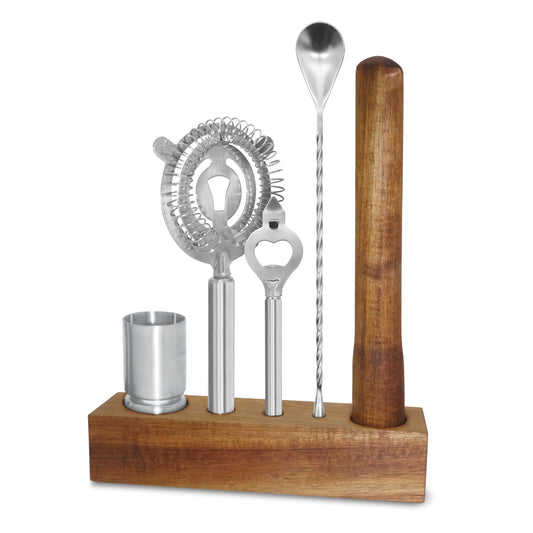 OGGI 6-Piece Slim Bartender Kit - Ideal Bar Cart Accessories, Great Decor and Accessories for the Home Bar, Bartending Kit - Acacia Base & Muddler, Stainless Stirrer, Opener, Jigger, Cocktail Strainer