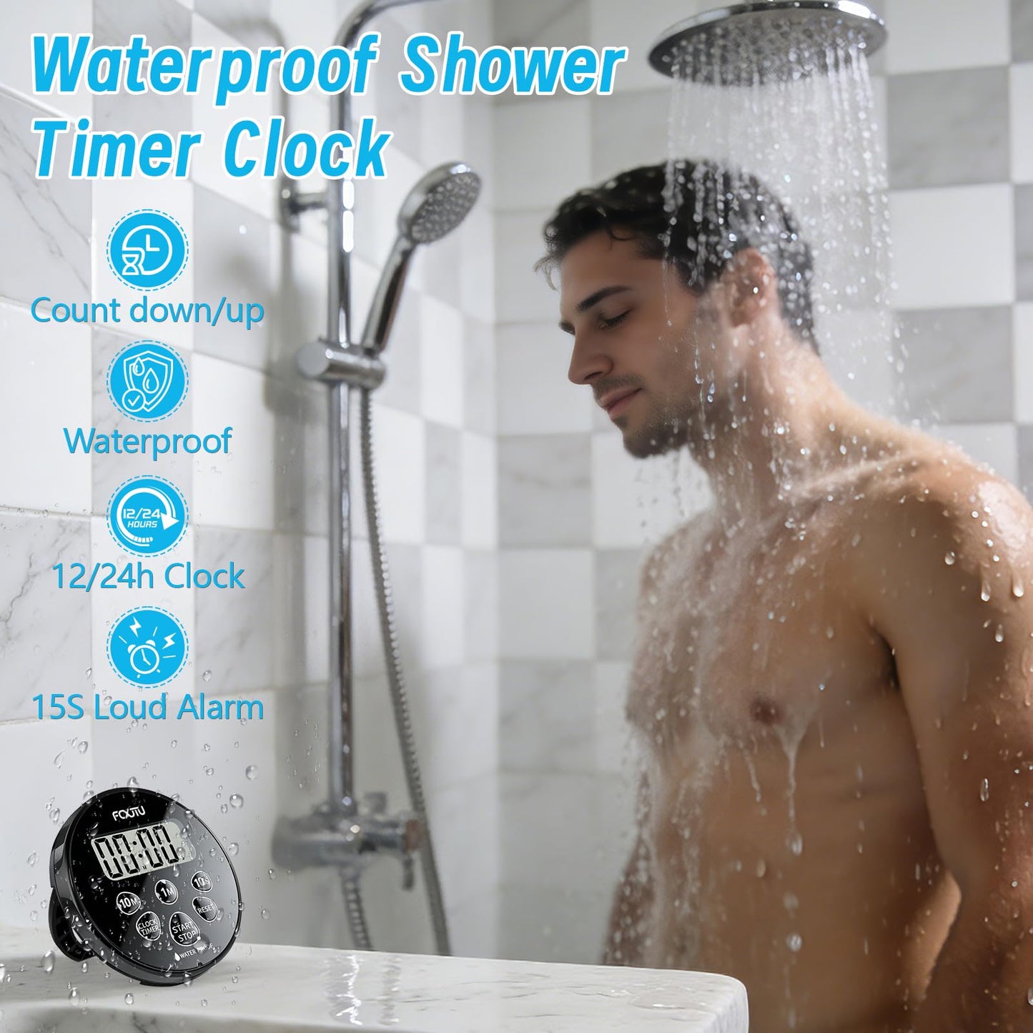 FCXJTU Digital Waterproof Shower Clock Timer, Bathroom Shower Countdown Timer with Alarm, Magnetic Back, Stand for Kitchen Cooking Dark Black