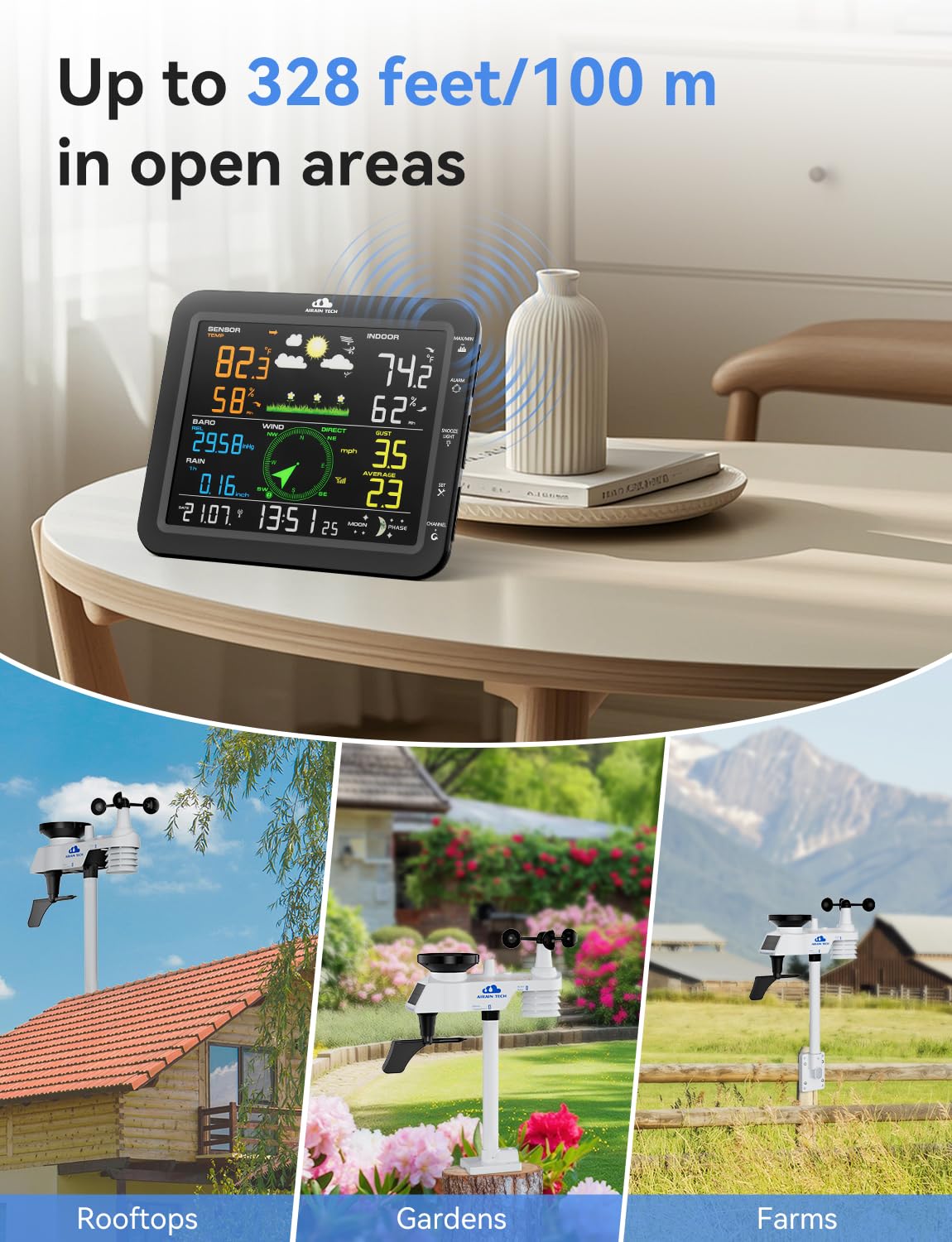 AIRAIN TECH 10-in-1 Wireless Weather Station with Outdoor Wireless Sensor,Radio Controlled Clock,Rain Gauge,Wind Speed/Direction,Moon Phase, Barometer,Temperature/Humidity,Weather Forecast (NO WiFi)