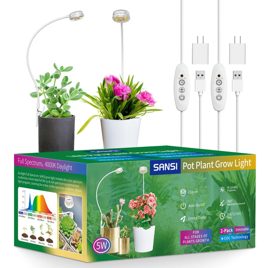 SANSI Grow Lights for Indoor Plants, ETL Listed Pot Clip LED Plant Lights for Indoor Growing, Full Spectrum, 4-Level Dimmable, Auto On Off 3 6 12 Hrs Timer for Small Plants, Garden White 5V 2-Pack