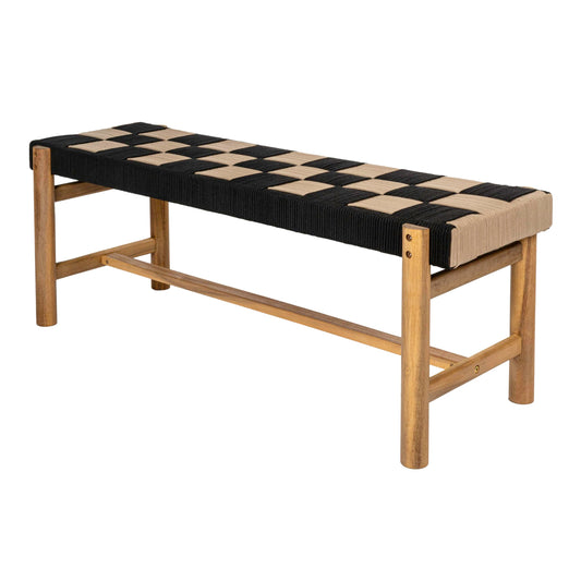 JONATHAN Y BNH202A Denis 48" 2-Seat Backless 700-Lbs Support Acacia Wood Outdoor Bench with Checkerboard Woven Rope Seat for Patio, Garden, Lawn, Backyard, Pool, Deck, Beach, Black/Beige
