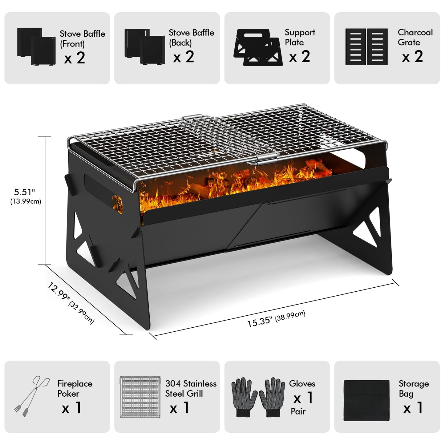 Raynesys Charcoal Grill, Folding Portable Grill, with Carry Bag, Camping Firepit for Outdoor Cooking, Campfire, Patio, Backyard, Backpacking, Party, 15.35 * 12.99 * 5.51 Inches