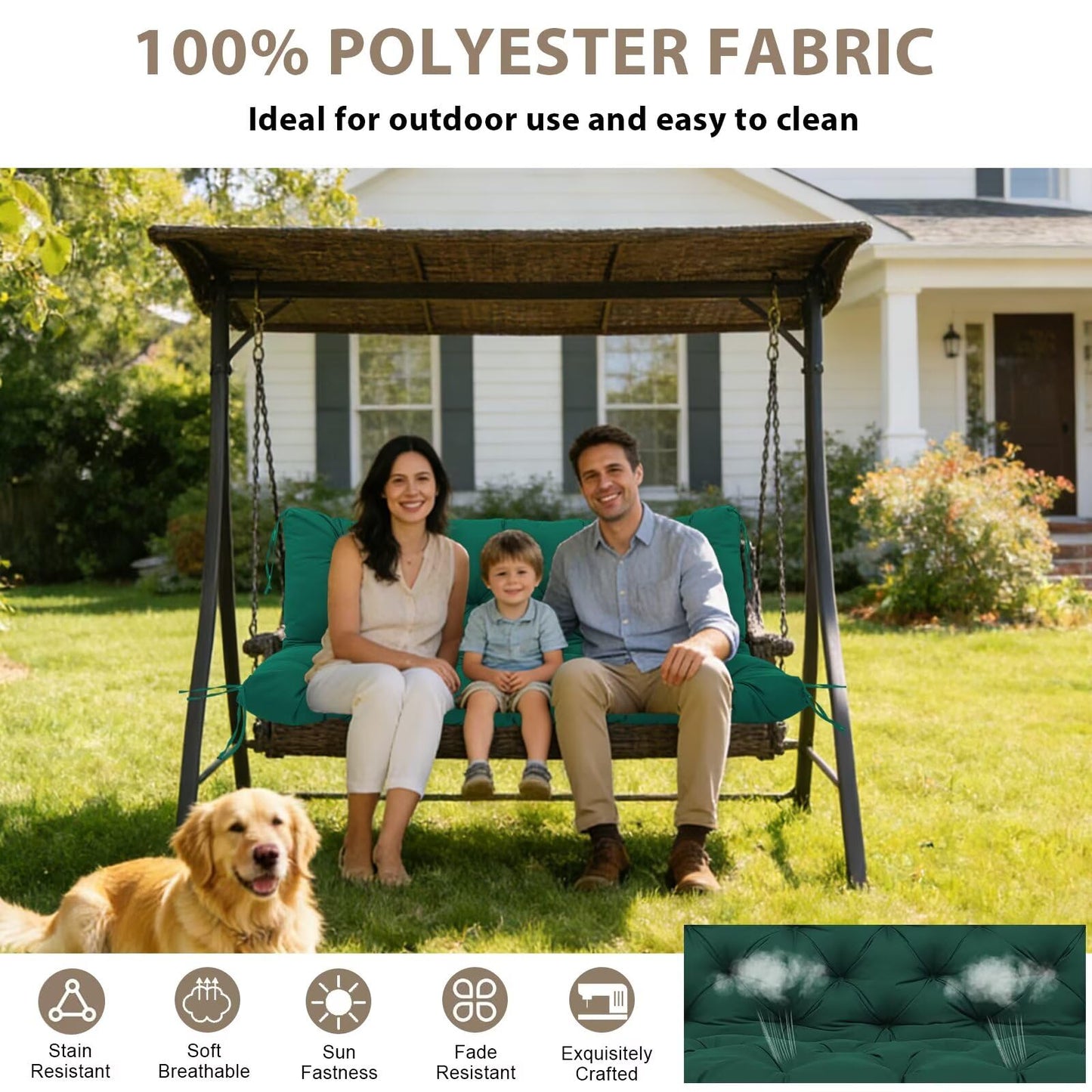 HZODJBH Waterproof Porch Swing Cushion Replacement, Thick 2–3 Seat Swing Seat Cushion with Backrest & Ties, Outdoor Bench Cushion for Patio Garden Porch Furniture (Dark Green, 60 x 40in)