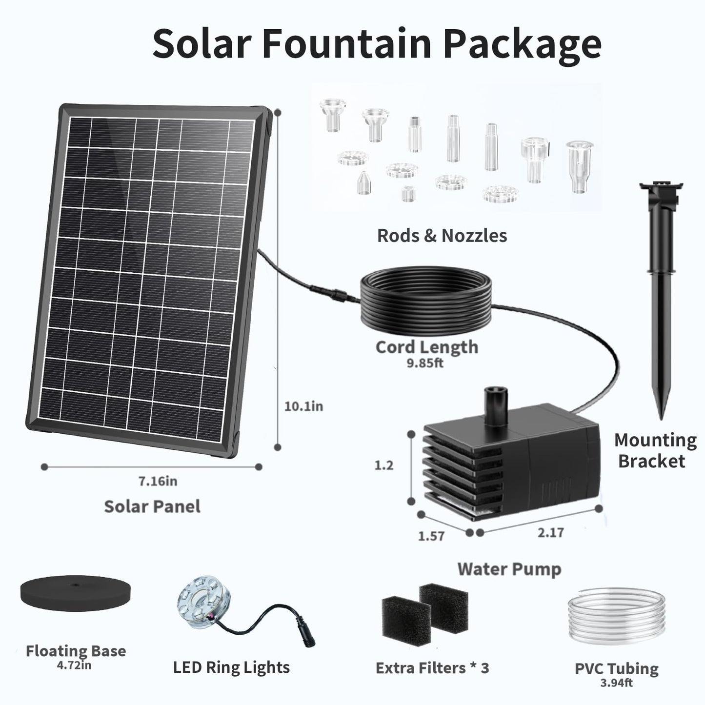 Antfraer 8W Solar Fountain Pump Built-in 3600mAh Battery & LED Lights, Solar Powered Water Pump with Double-Layer Nozzle & 5ft Tubing, Solar Water Fountain For Bird Bath Pond Garden DIY Water Features