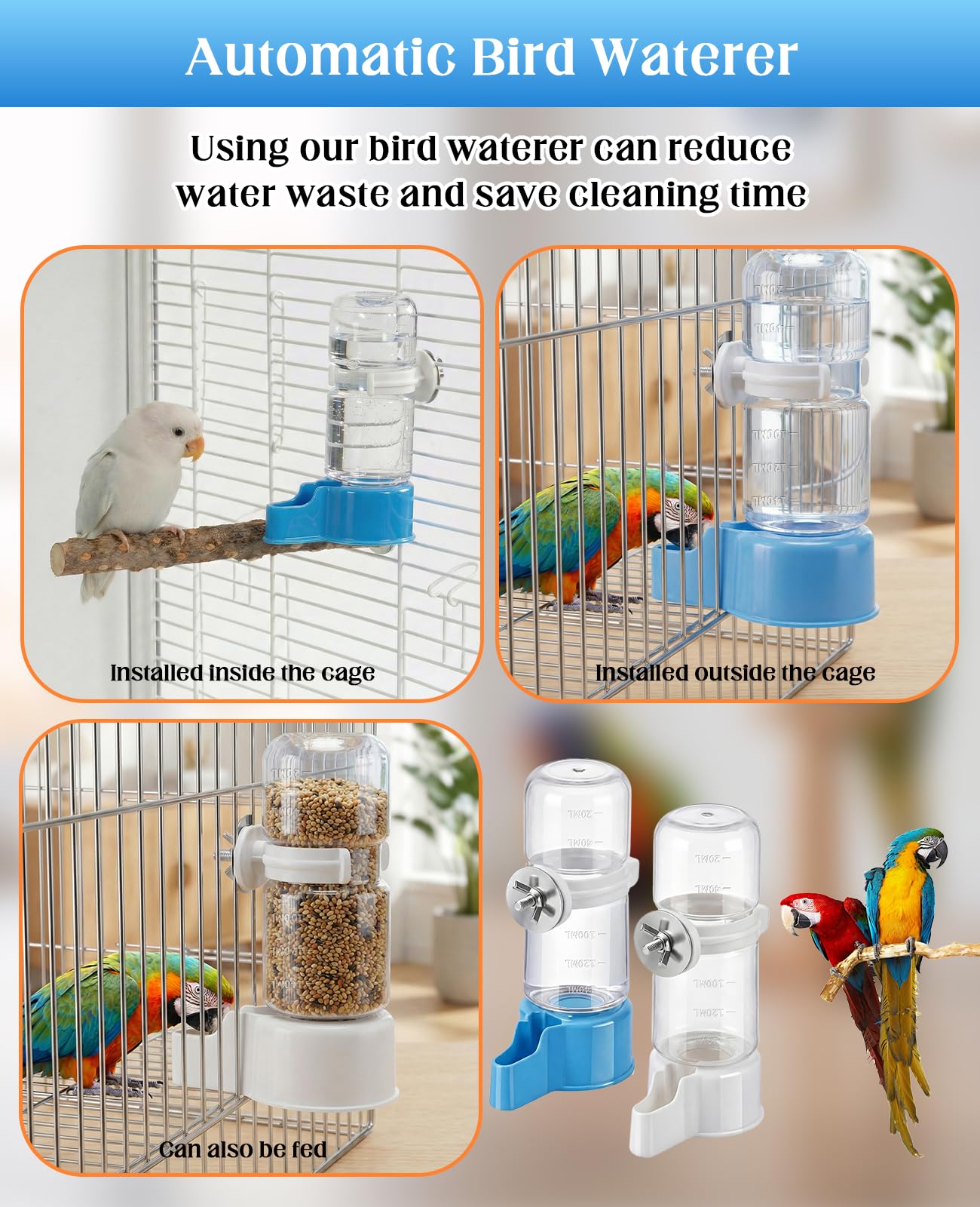 DAWZMR 2 PCS Automatic Bird Cage Water Dispenser, Parakeet Parrot Feeder Hanging Drinking