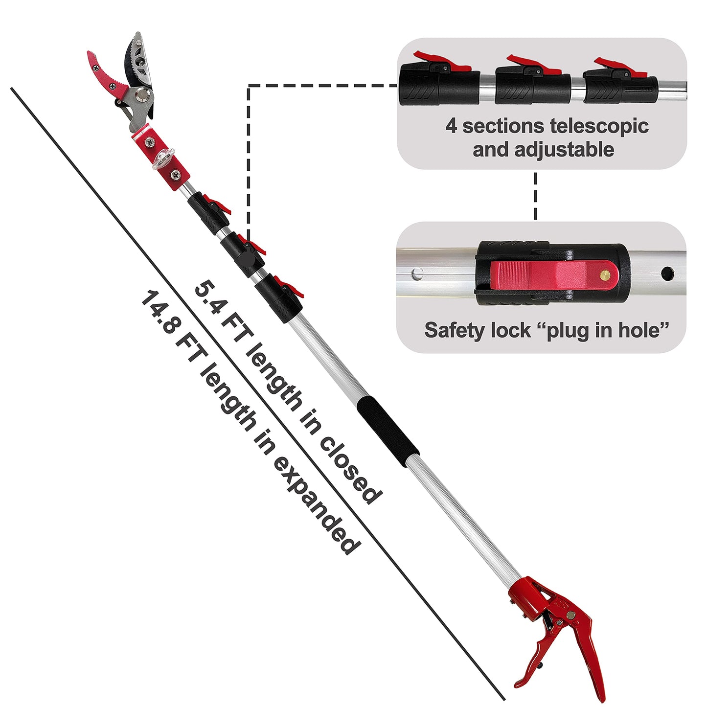 Prunrt 5.4-14.8 FT Tree Pruner Extendable 4 Sections, Telescopic Cut and Hold Trimmers Pole Saws Trimming Long Reach Pruning Shears Branch Cutter Clipper Bypass Lopper Fruit Picker