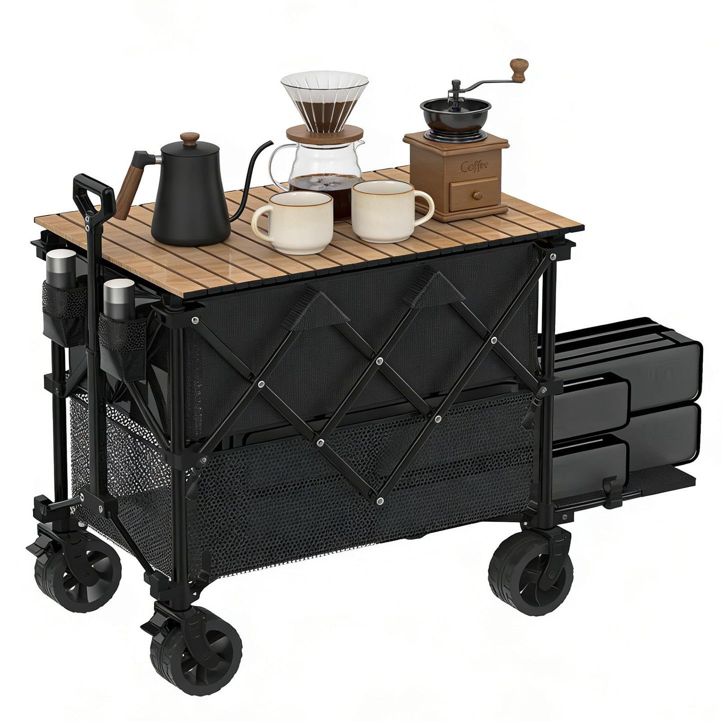 Double Decker Wagon with Table, 600lb 400L 54'' Extra Long Heavy Duty Wagons Carts Foldable with Tailgate, Utility Folding Cart Big All-Terrain Wheels with Brakes for Camping, Fishing, Beach, Outdoor