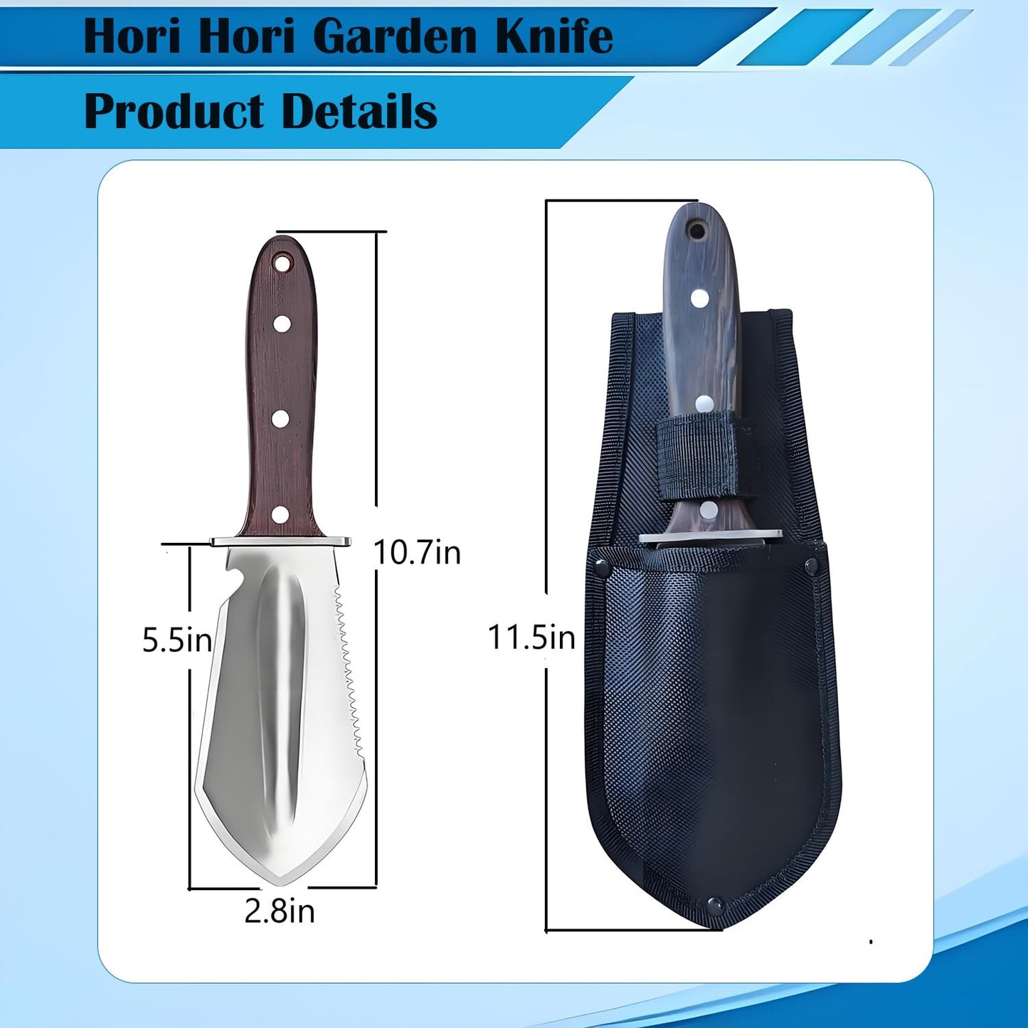 Hori Hori Garden Knife, Garden Tools with Sheath for Weeding,Planting,Digging, Stainless Steel Blade with Cutting Edge, Full-Tang Wood Handle with Hanging Hole