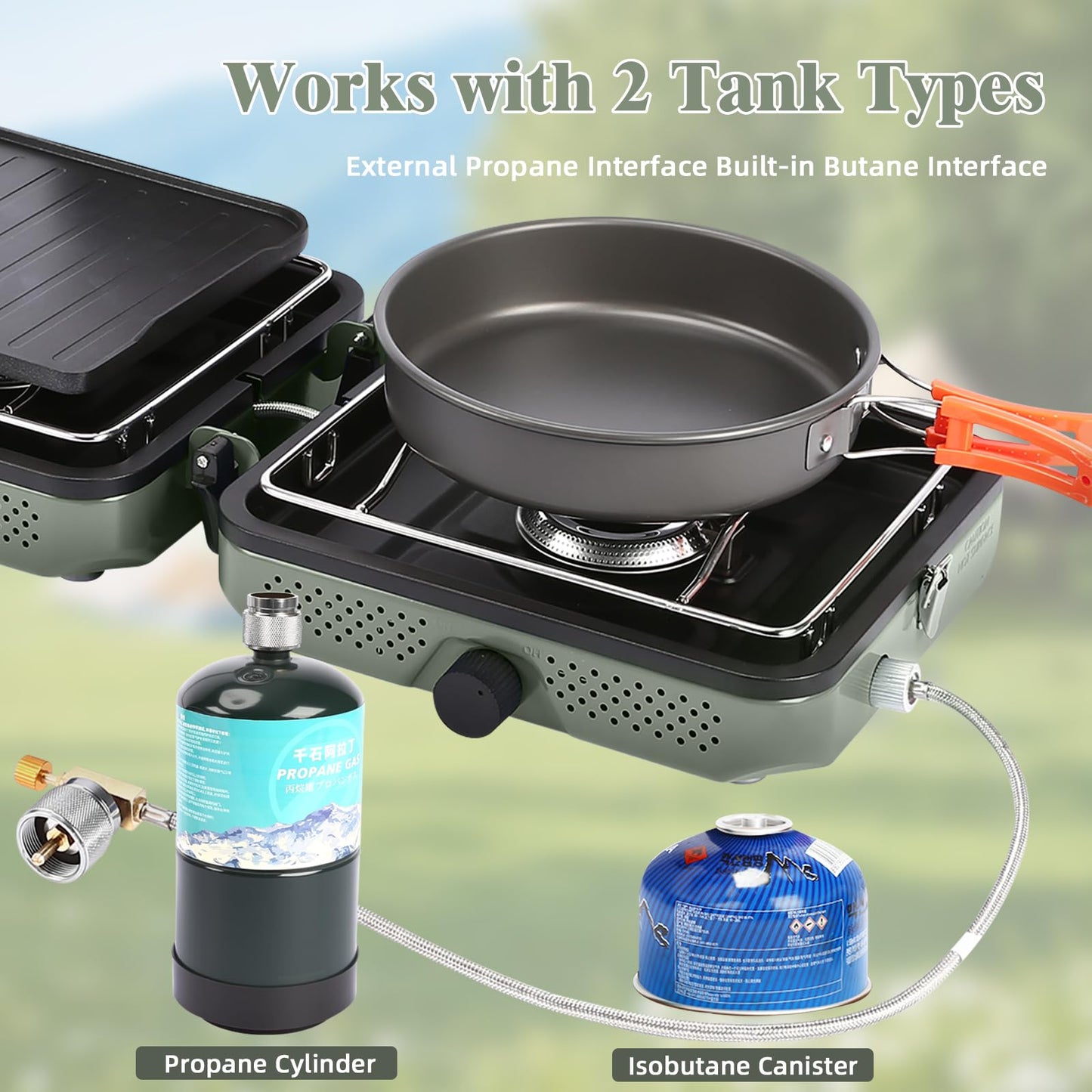 Hisencn Camping Stove,2 Burner Propane Camping Stove with Windscreen,30,000 BTU Portable Propane Stove with Carry Bag,Outdoor Cooking Stove set for Camping Gear,RV Essentials,Camp Gifts for Man,Green