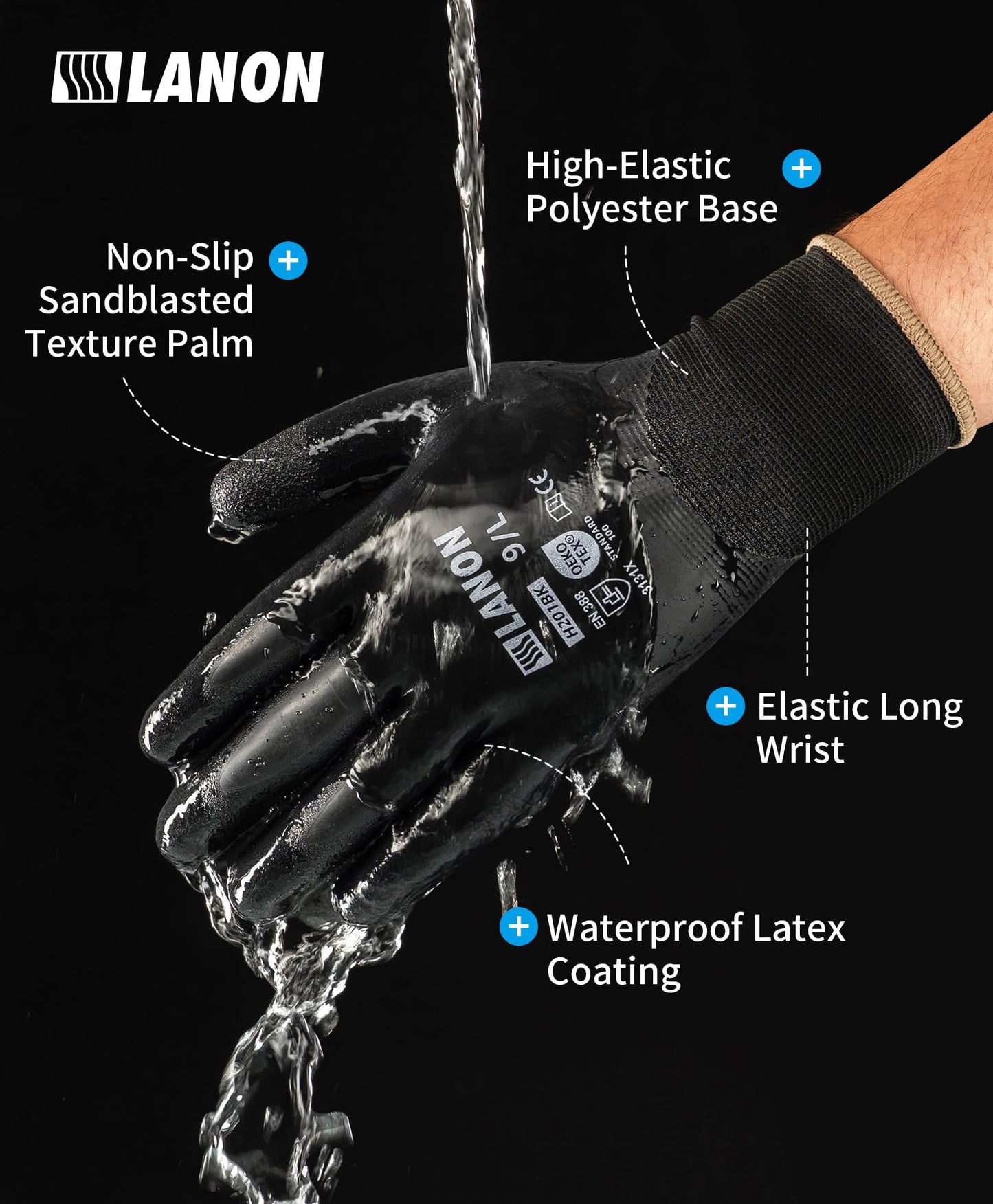 LANON 2 Pairs Waterproof Work Gloves for Men and Women,Double Rubber Coated for Gardening, Outdoor Construction,Car & Fish Cleaning, Non-Slip Grip, Elastic Cuff, Blue&Black,Large