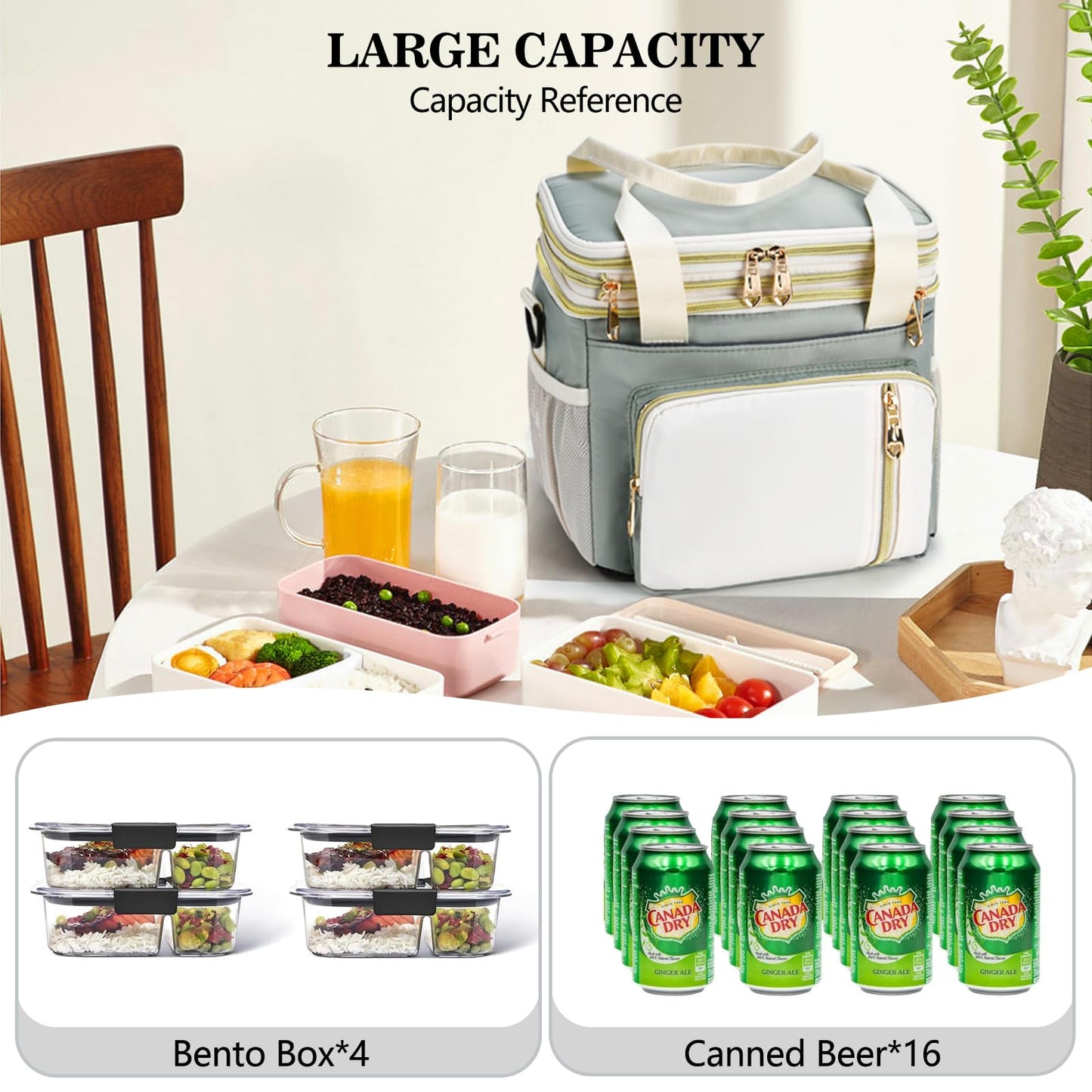 Lunch Box & Lunch Bag for Women Men, Expandable Large Insulated Adult Lunch Bag with Strap, Double Deck Leakproof Lunchbox Durable Cooler Bags for Work Picnic Beach,16L, Olive Green & White